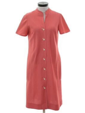 Vintage 70s Kiva Coral Knit Shirt Dress Button Front Stretch Midi 36 Bust